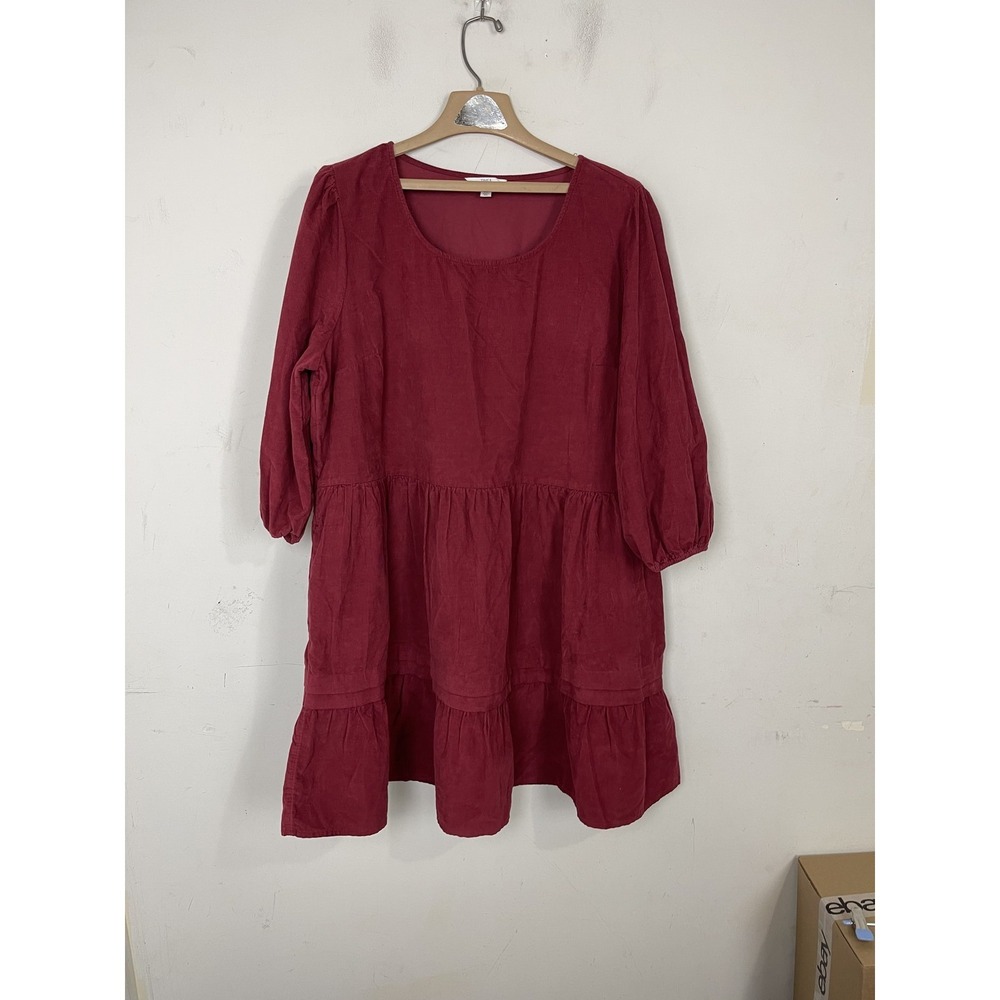 TIME & TRU Womens Dress XXL Red Tiered Corduroy Cottage Holiday Burgundy